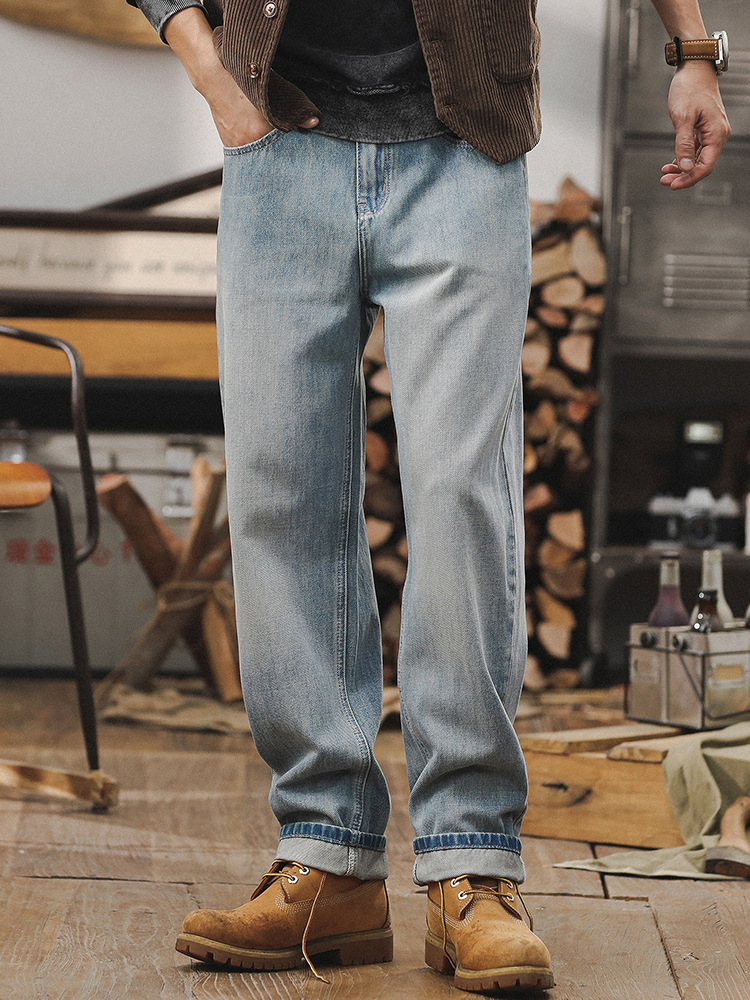 杰雷諾萊賽爾牛仔褲男直筒高端柔軟親膚透氣寬鬆闊腿褲水洗休閒褲