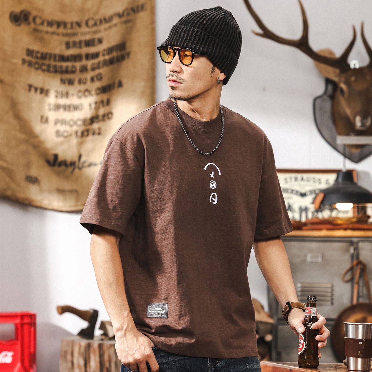 美式復古重磅竹節棉短袖T恤男夏季2025新款潮牌簡約刺繡休閒上衣T