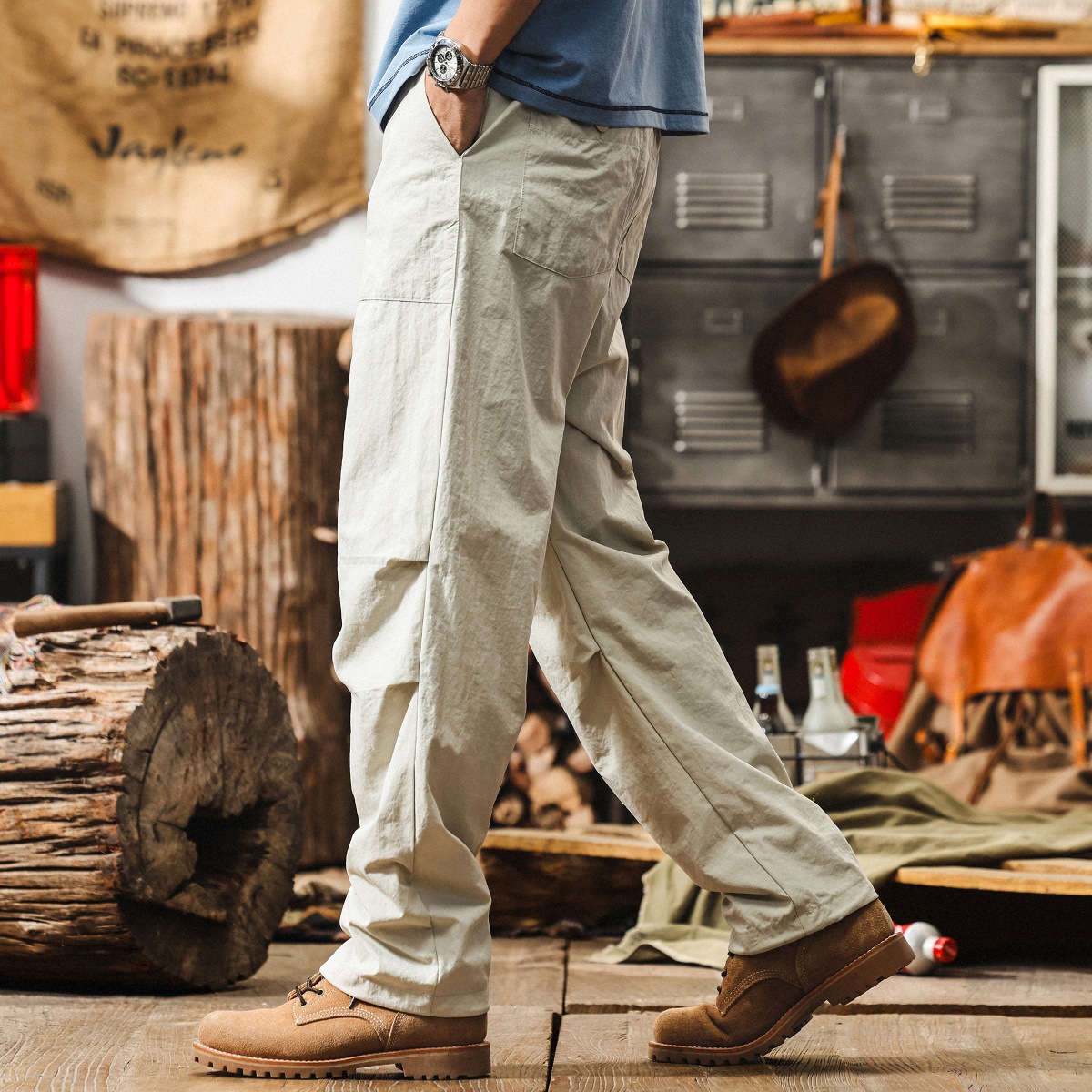 美式薄款杏色工裝傘兵褲男夏季寬鬆闊腿褲城市戶外通勤直筒休閒褲