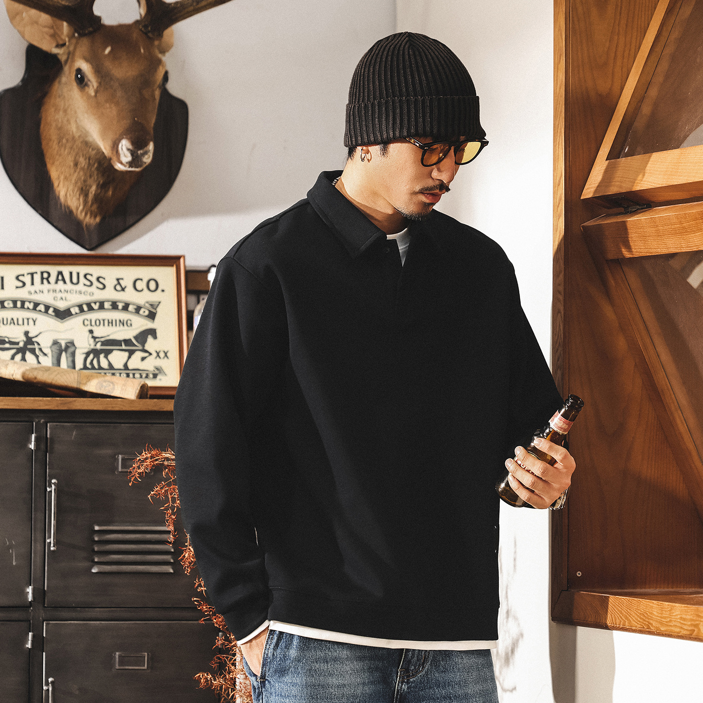 假兩件黑色Polo領重磅衛衣男春秋2025新款美式復古寬鬆休閒上衣男