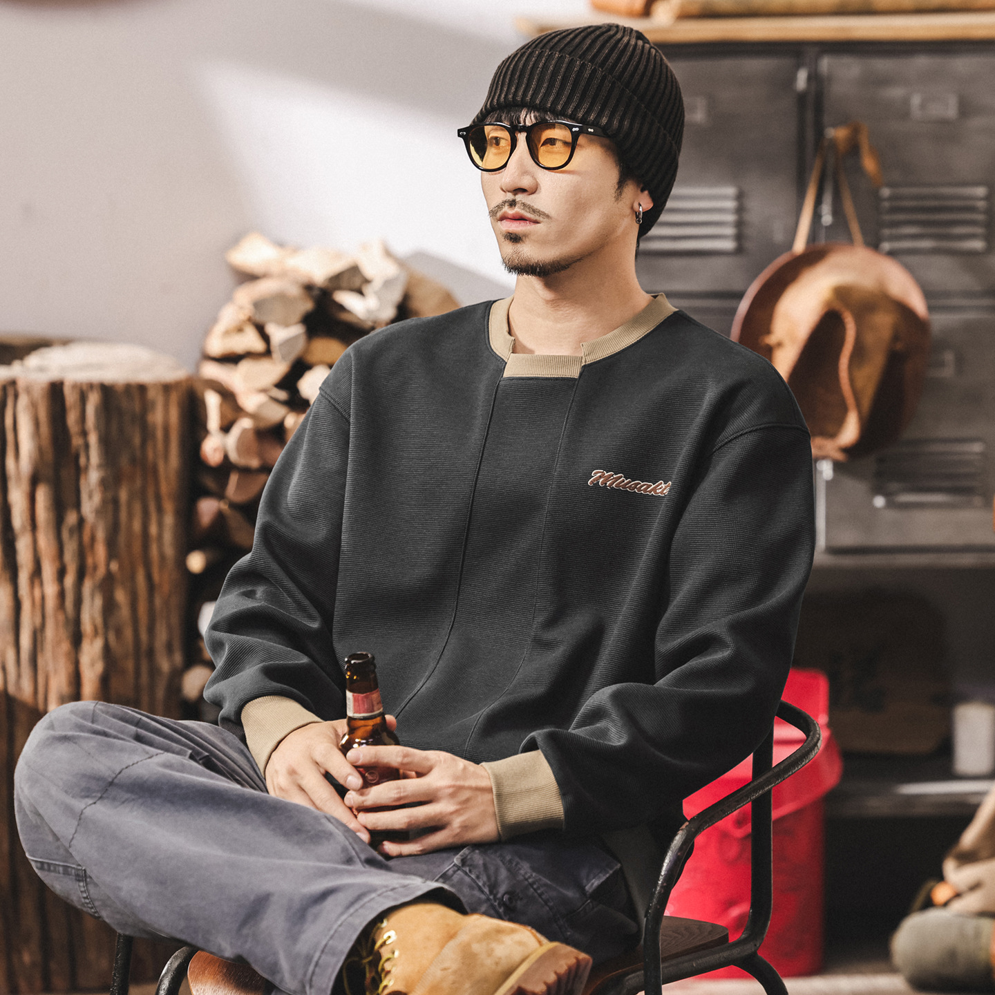 美式復古潮流字母刺繡衛衣男士秋季新款潮牌拼接重磅寬鬆長袖上衣