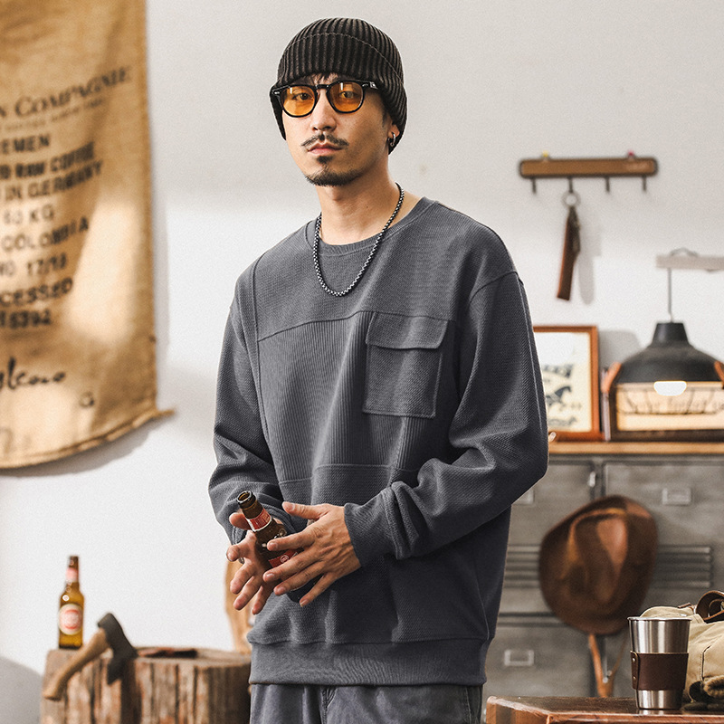美式復古330g重磅衛衣男秋季新款提花條絨針織衫潮牌拼接男款上衣