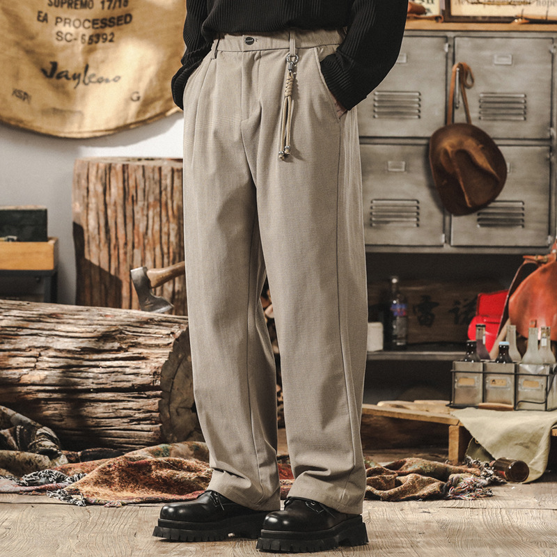 美式復古直筒格紋肌理高級感西褲男秋冬款潮牌商務通勤寬鬆休閒褲