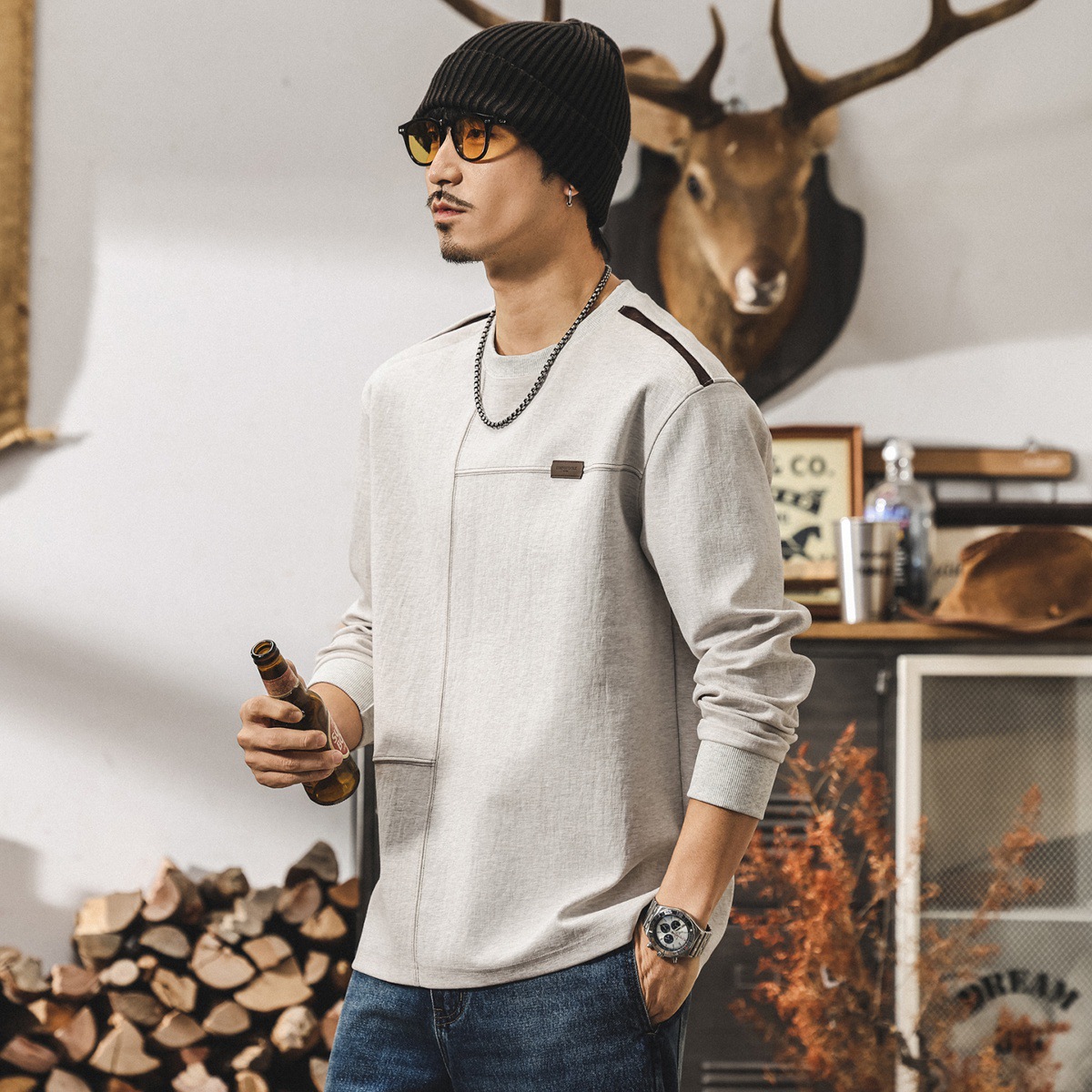 美式復古長袖t恤男寬鬆秋季新款重磅衛衣男春秋潮牌寬鬆男士上衣T