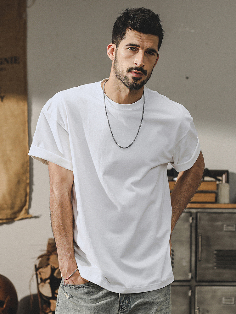 32支雙紗爽滑棉250g重磅基礎純色圓領短袖T恤男夏季寬鬆百搭小白t