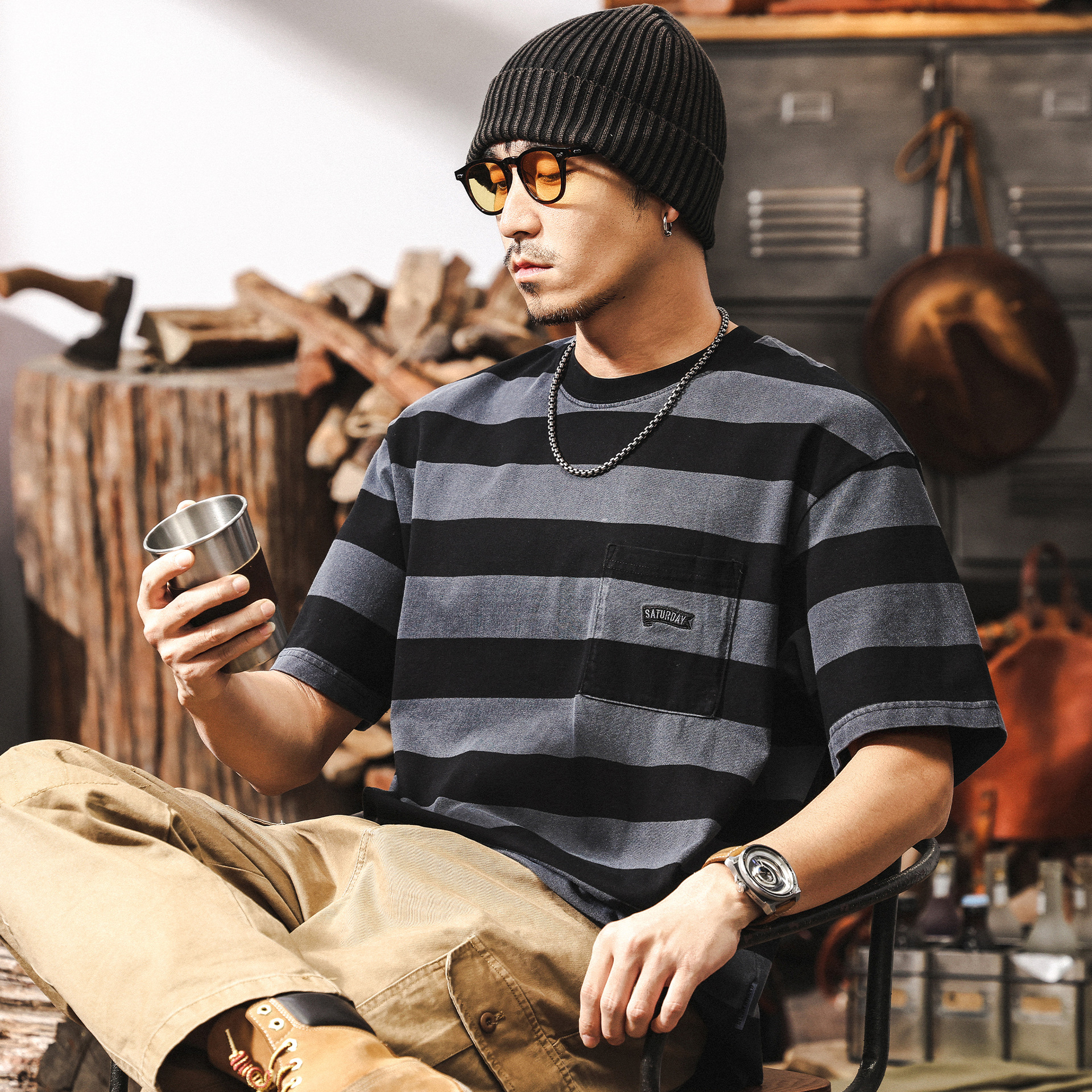 32支雙紗做舊炒砂水洗條紋短袖男T恤夏季美式復古潮流休閒上衣男T