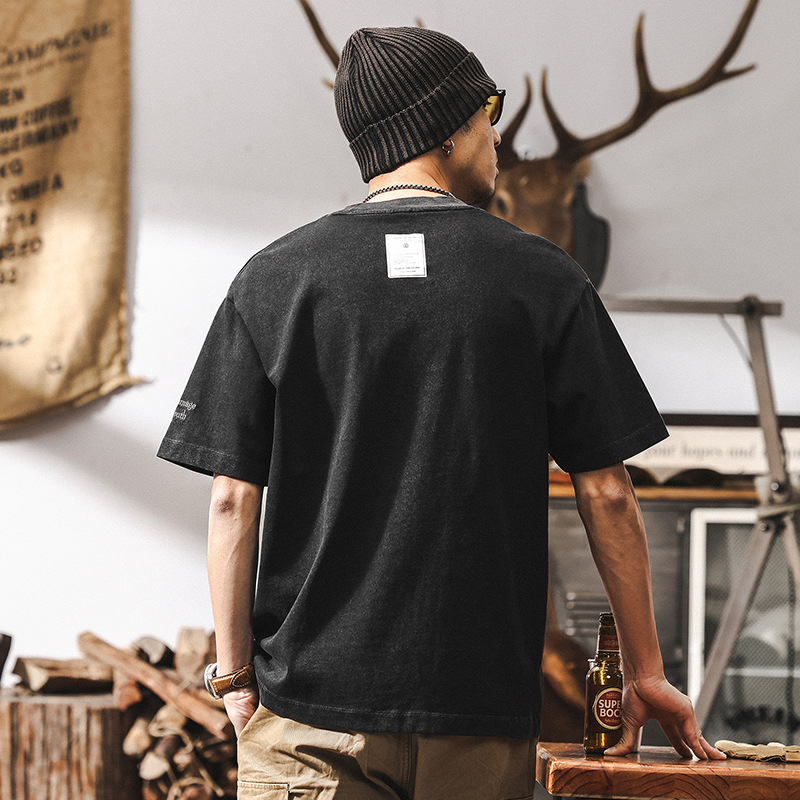 水洗刺繡T恤男士夏季2025新款短袖男寬鬆美式復古休閒上衣男