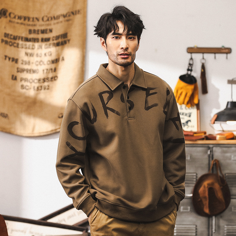 美式重磅380g復古長袖polo衫男秋季寬鬆2024新款珠地棉休閒衛衣男