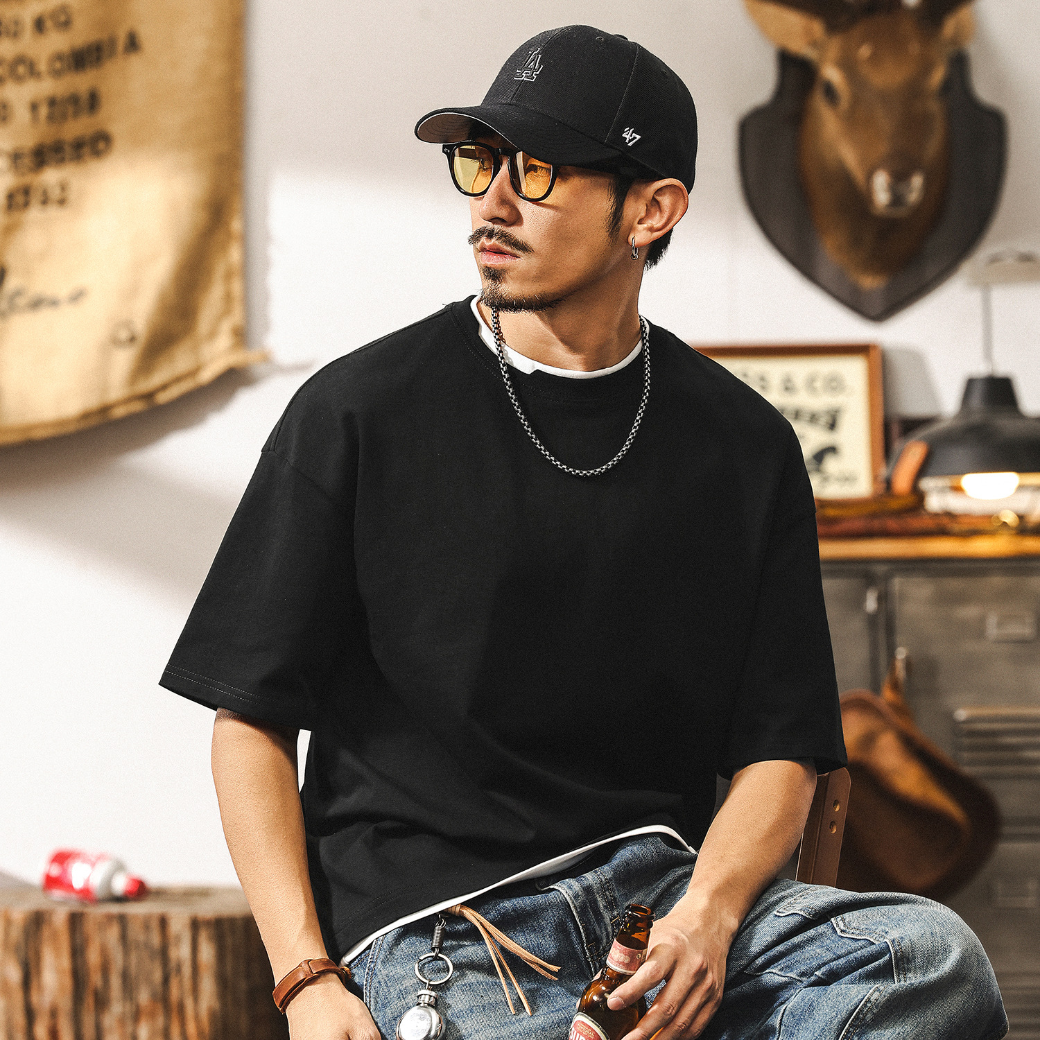 雙紗爽滑棉重磅假兩件T恤男短袖夏季潮牌設計感半截袖美式衣服男