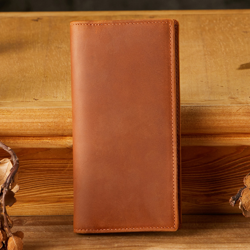 手工真皮男士錢包超薄長款牛皮多卡位皮夾兩折瘋馬皮簡約復古男包