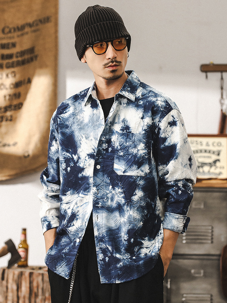 國風水墨長袖襯衫男春季2025新款潮牌高級感紮染印花襯衣外套春秋