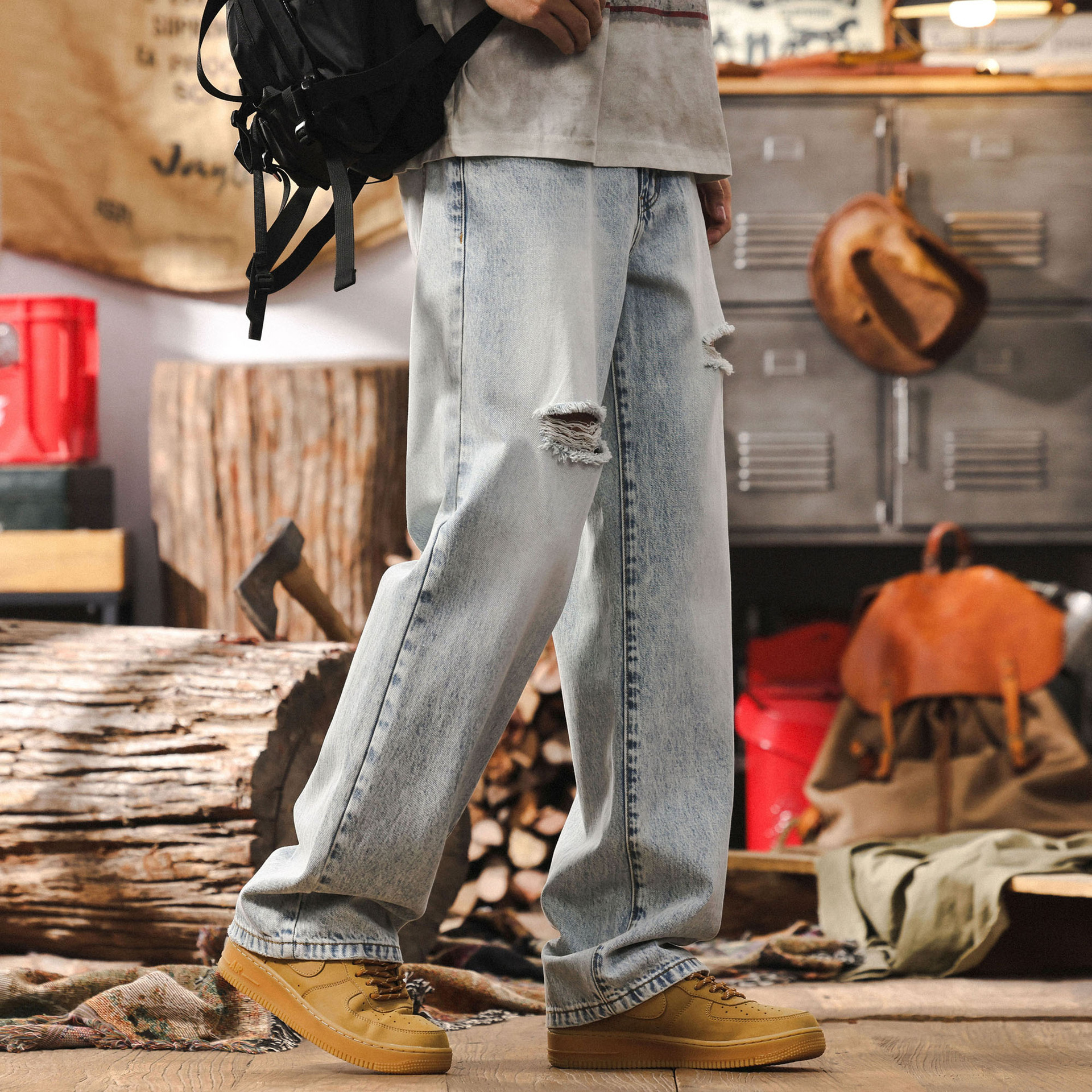 美式復古石青色破洞牛仔褲男春季潮牌寬鬆直筒男士磨白水洗休閒褲