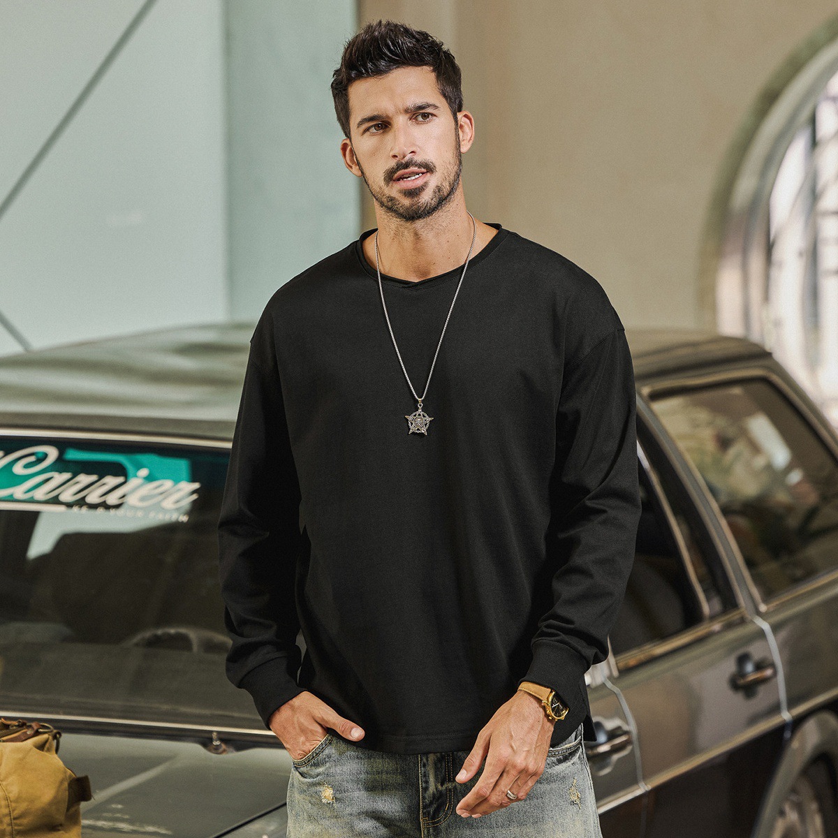 美式復古重磅長袖T恤男春季新款基礎內搭男士打底衫寬鬆上衣