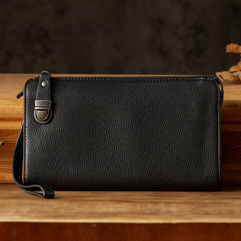 手工牛皮男士手拿包休閒商務真皮長款錢包頭層牛皮時尚潮流手機包