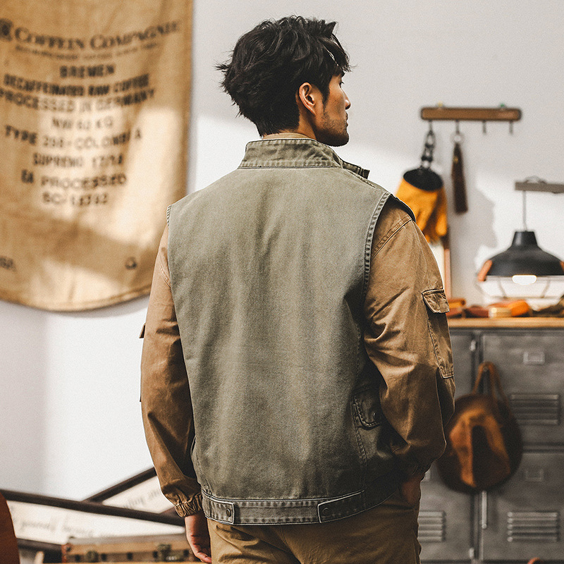 美式重磅複古工裝馬甲男立領外套秋季戶外戰術做舊坎肩攝影夾克男