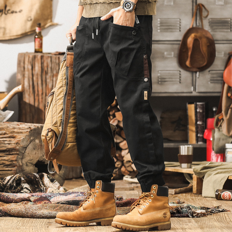 杰雷諾美式復古工裝褲子男秋冬2024新款潮牌寬鬆束腳黑色休閒褲男