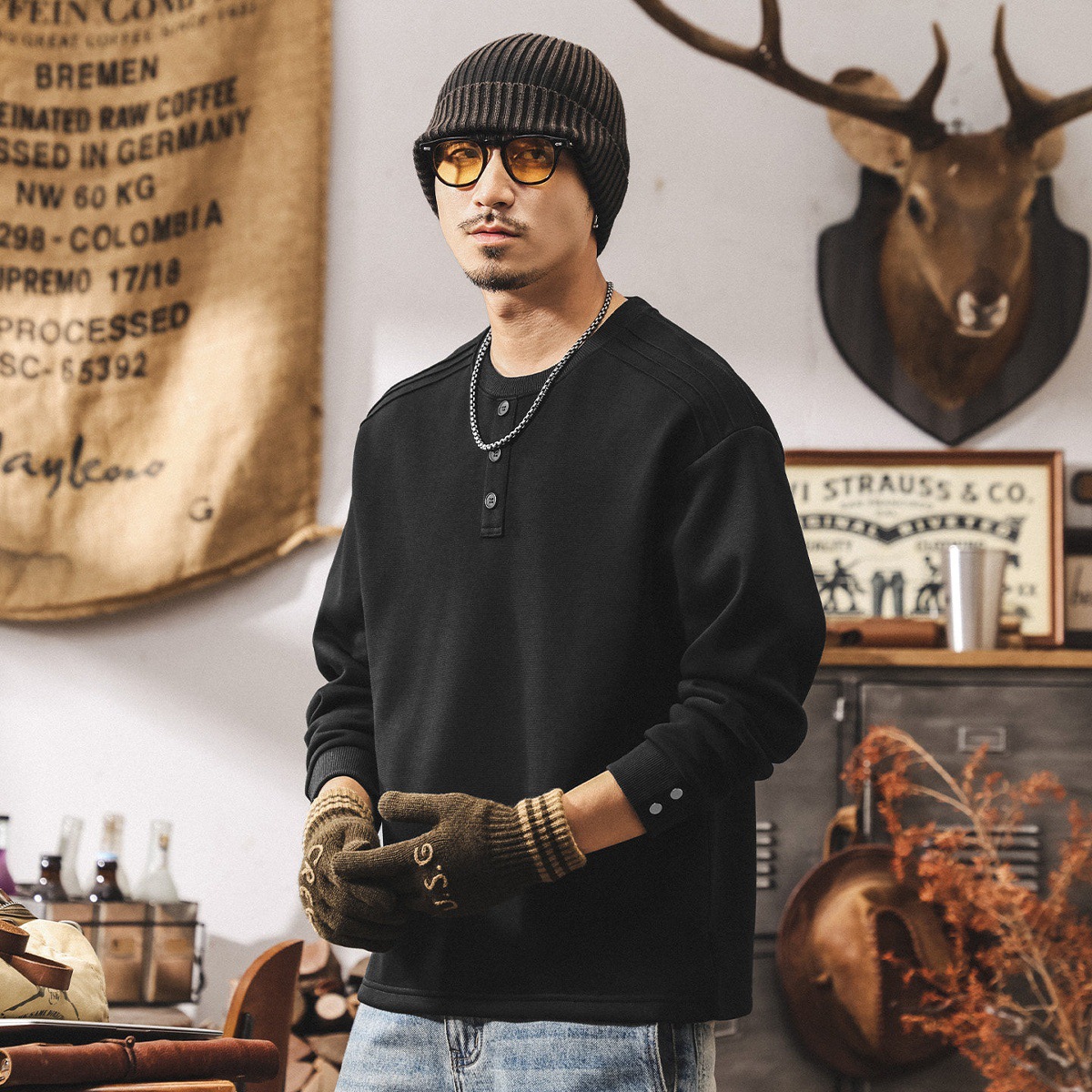 美式復古重磅加絨衛衣男款冬季加厚亨利領長袖男T恤潮牌寬鬆上衣