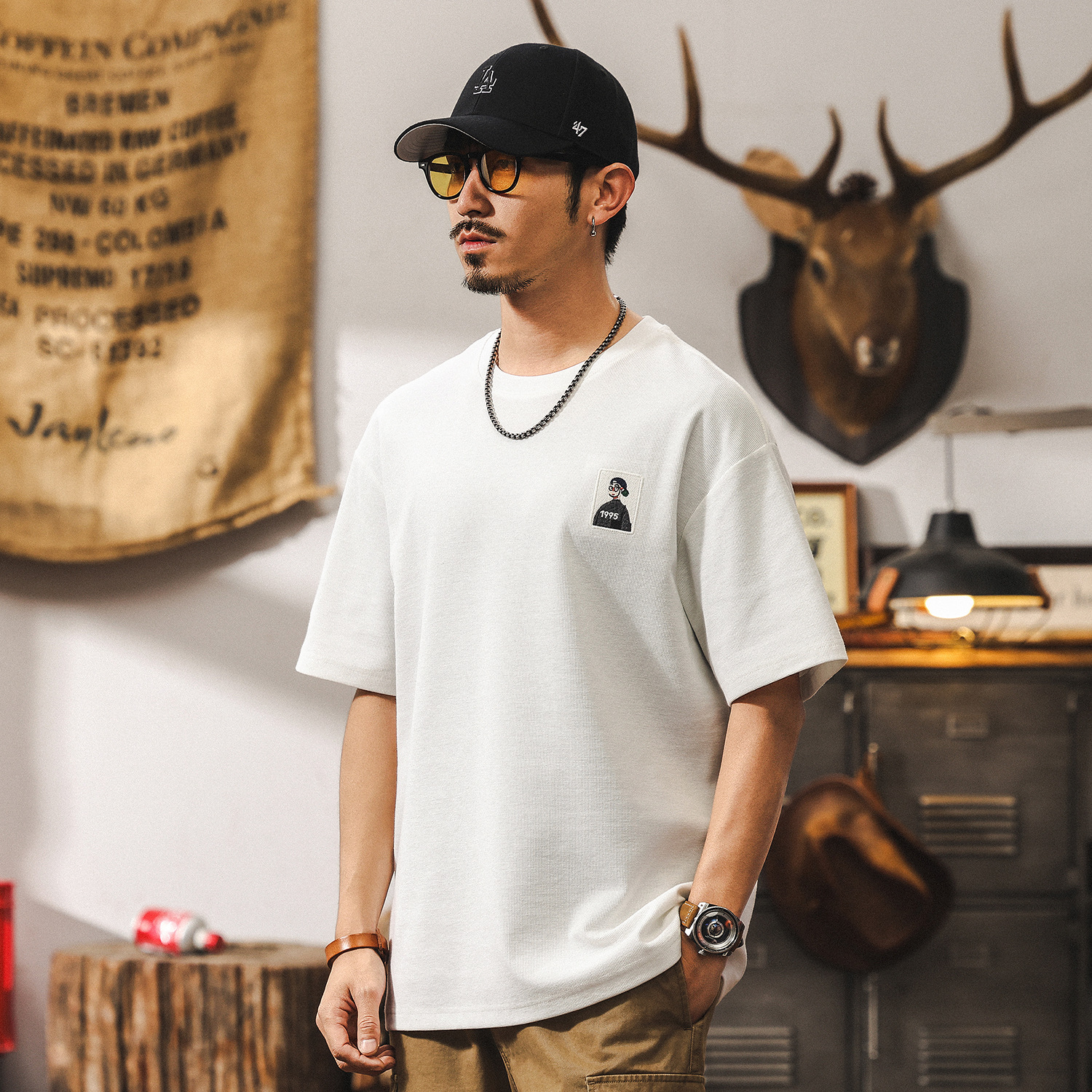 美式復古32支重磅肌理短袖男款T恤夏季寬鬆潮牌簡約刺繡男士上衣