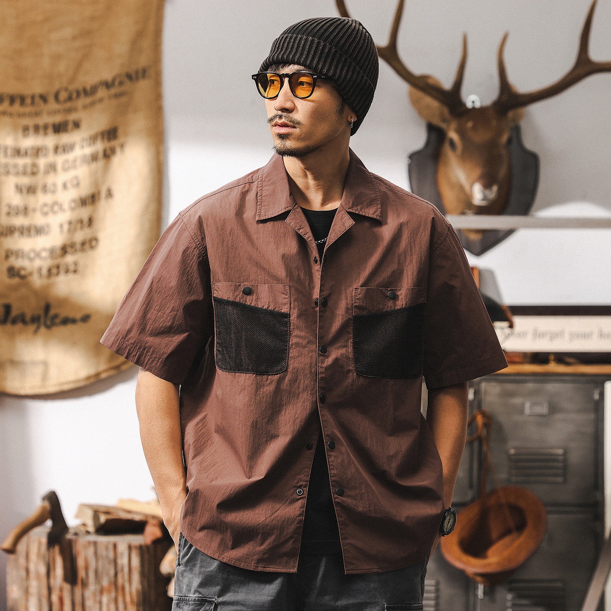 古巴領襯衫男短袖夏季2025新款美式復古潮牌戶外機能寬鬆工裝襯衣