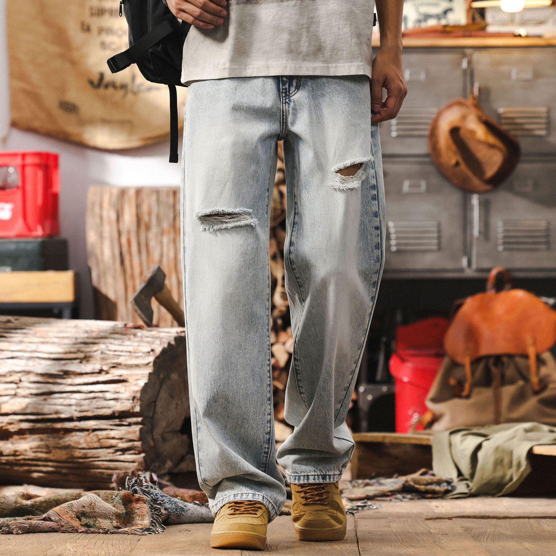 美式復古石青色破洞牛仔褲男春季潮牌寬鬆直筒男士磨白水洗休閒褲