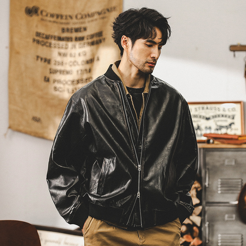 美式復古做舊機車皮衣外套男寬鬆秋季潮牌硬漢潮流飛行員夾克男款