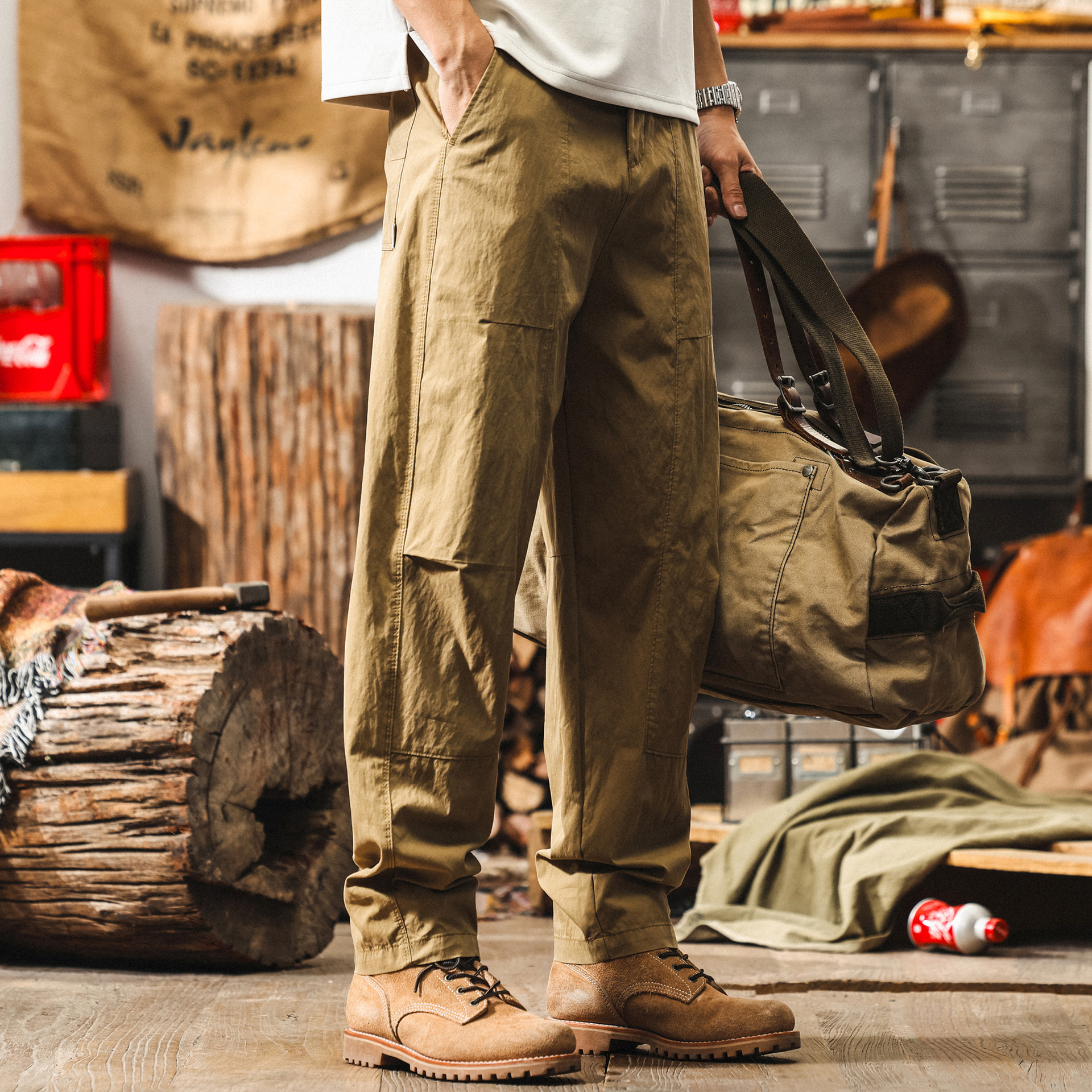 美式復古卡其色薄款工裝褲子男夏季寬鬆闊腿褲潮牌直筒男士休閒褲