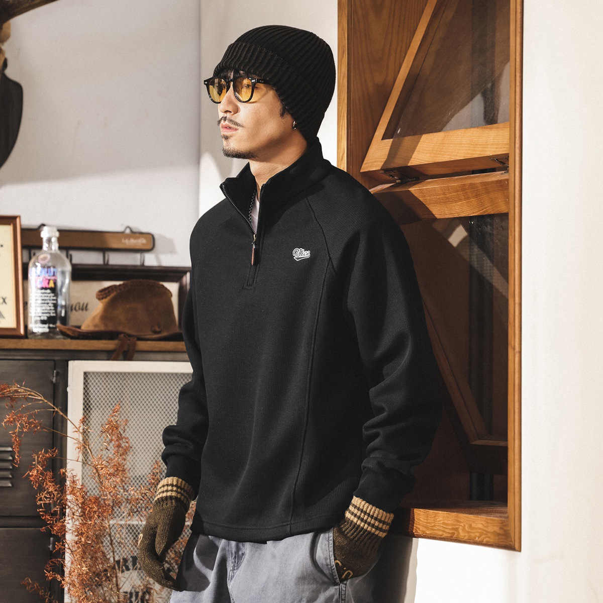 美式復古潮流半拉鏈立領衛衣男春秋2025新款寬鬆刺繡秋季男士上衣