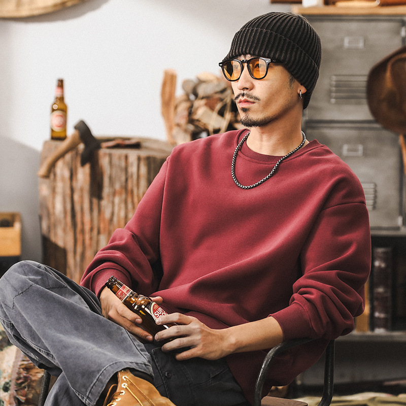 美式復古360g重磅衛衣男秋冬款潮牌寬鬆簡約男士痞帥棗紅色上衣男