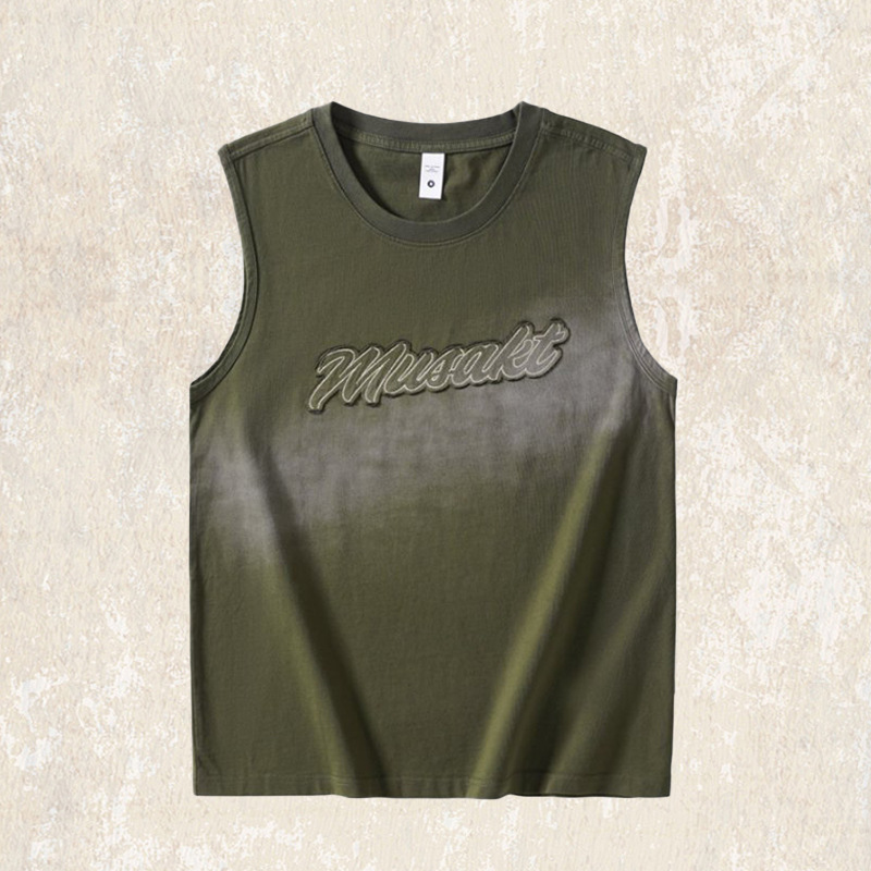 美式復古寬鬆運動健身背心男士夏季2025新款潮流漸變水洗無袖T恤