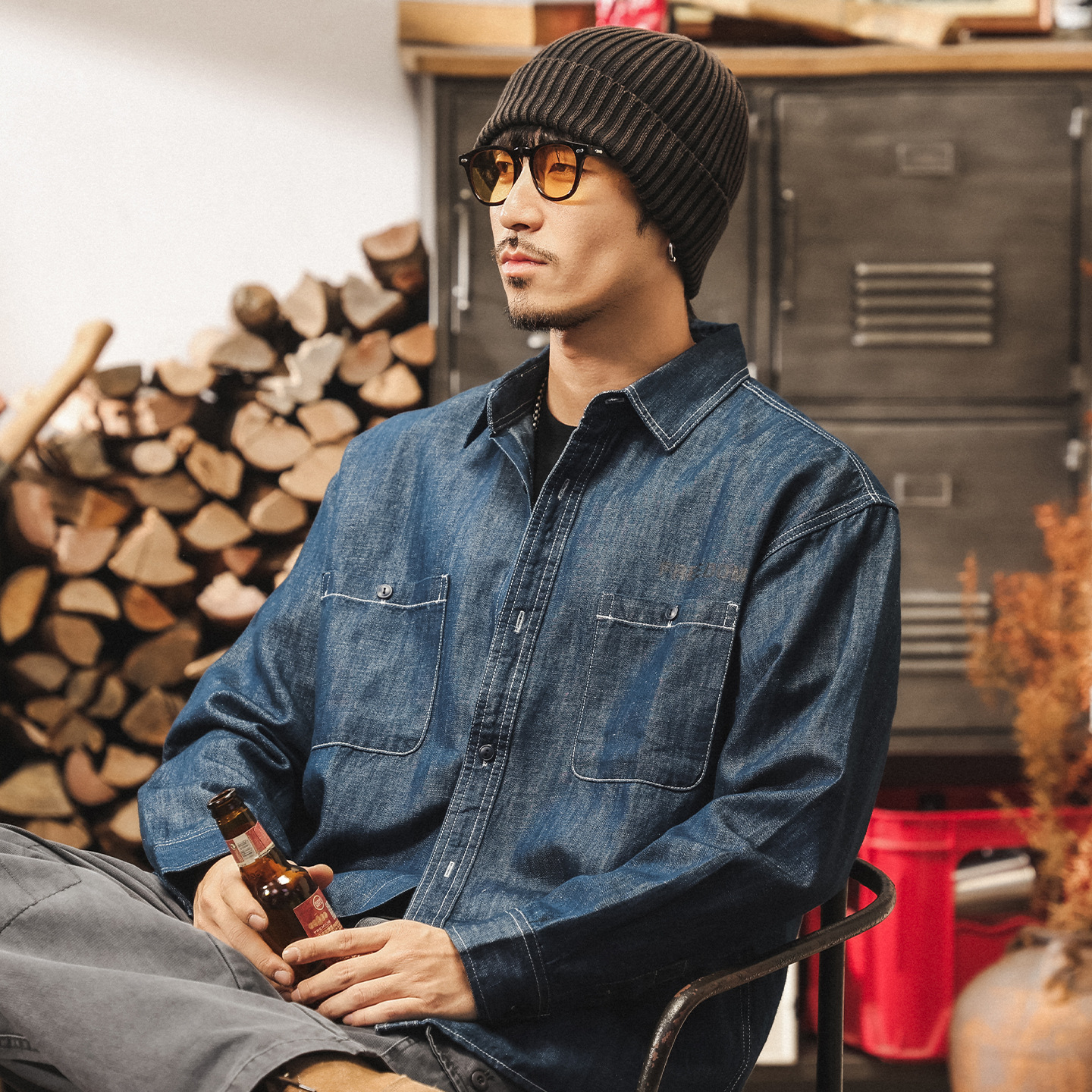 環保抗菌古織漢麻襯衫男長袖秋季新款美式復古寬鬆休閒襯衣外套男