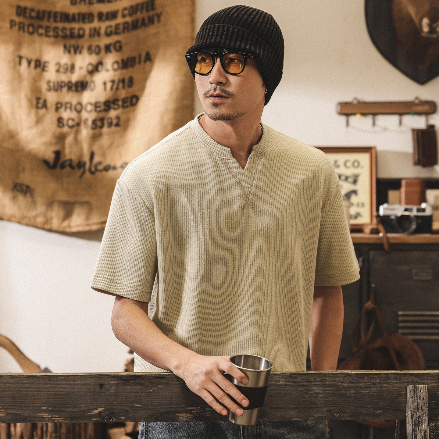 美式復古條紋肌理針織V領男士短袖T恤夏季2026新款寬鬆休閒上衣男