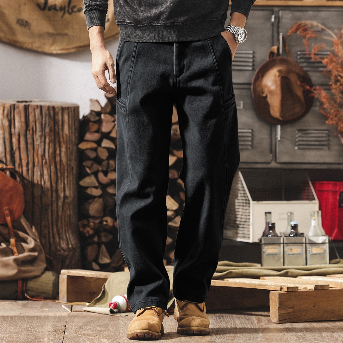 美式復古重磅工裝褲子男款加絨加厚冬季男士褲子直筒寬鬆休閒長褲