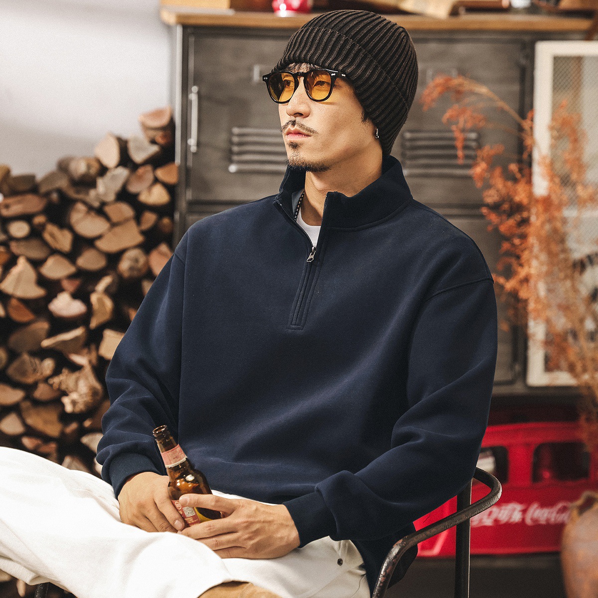 美式復古半拉鍊套頭衛衣男春秋新款立領兔兔絨潮牌寬鬆秋季上衣男