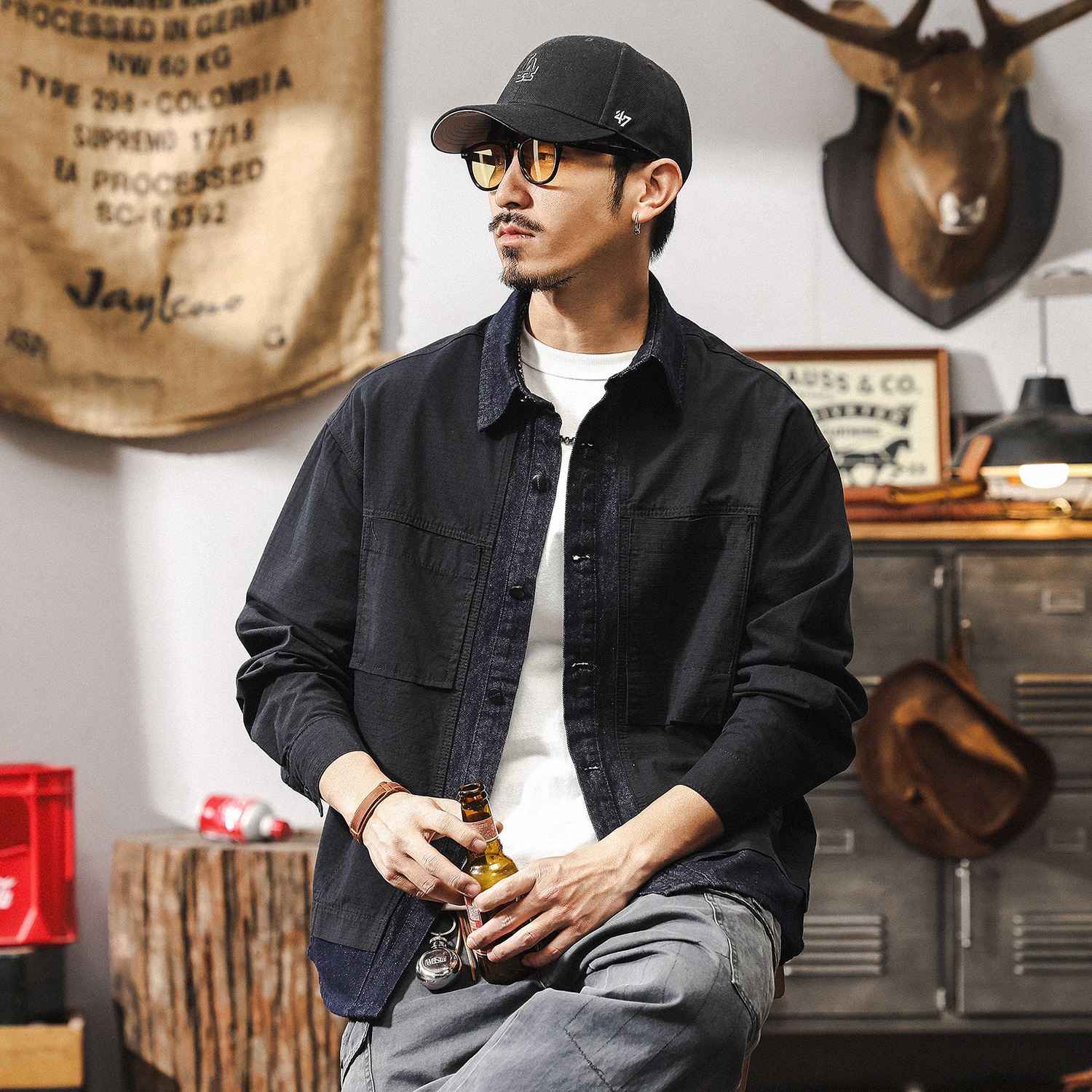 美式復古假兩件牛仔外套男春秋潮牌2025新款痞帥秋季寬鬆長袖襯衫