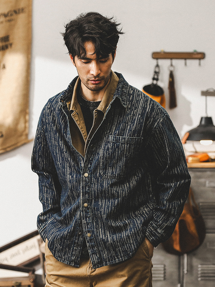 美式複古提花牛仔襯衫男長袖秋季潮牌寬松做舊水洗休閑夾克外套男