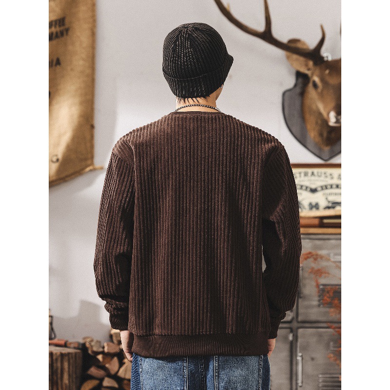 美式復古重磅燈芯絨男士衛衣春秋新款潮流條絨寬鬆大碼男裝秋上衣