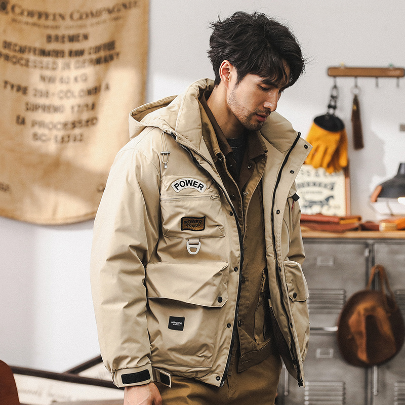 美式復古多口袋工裝羽絨服男冬季加厚戶外連帽戰術機能風獵裝外套