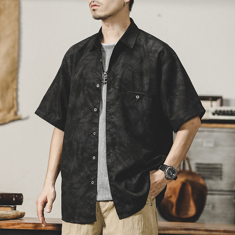 杰雷諾高級感工裝襯衫男短袖夏季薄款寬鬆翻領半袖扎染花襯衣男潮