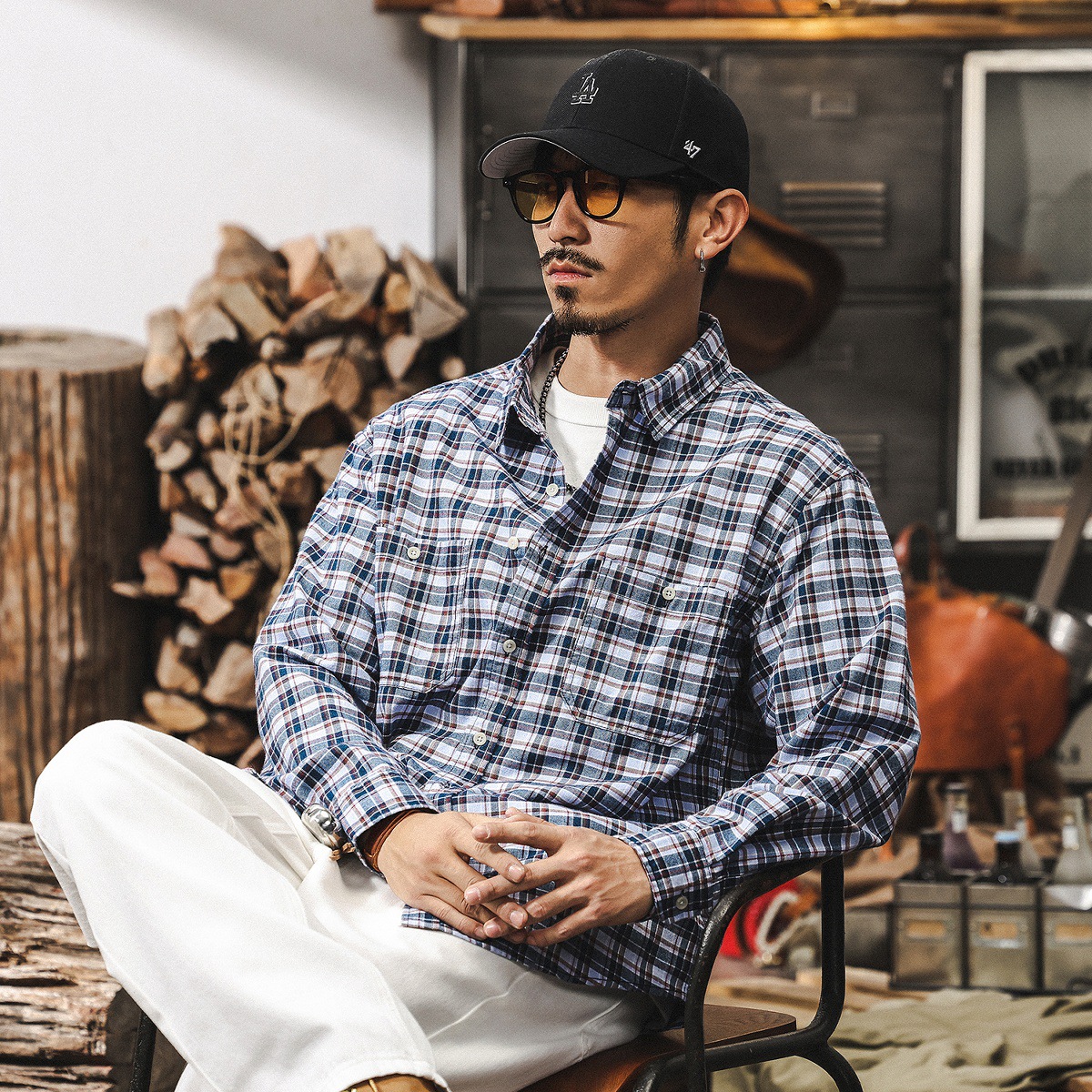 美式復古格子襯衫男長袖春季2025新款日系寬鬆潮流休閒襯衣男上衣