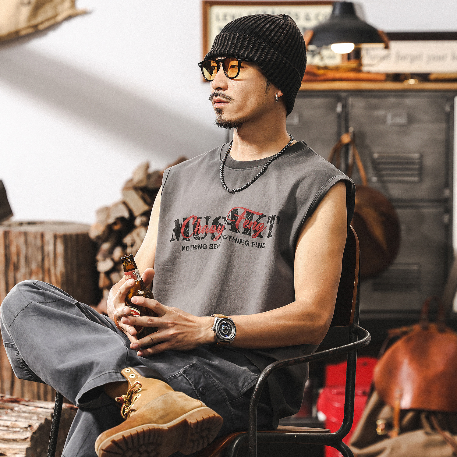 美式復古重磅T恤男2025新款夏季運動健身寬鬆無袖坎肩背心男