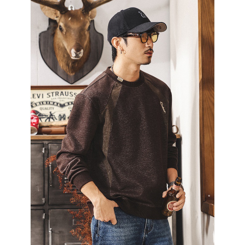 美式復古重磅衛衣男秋季潮牌2025新款拼色潮流寬鬆休閒長袖T恤男