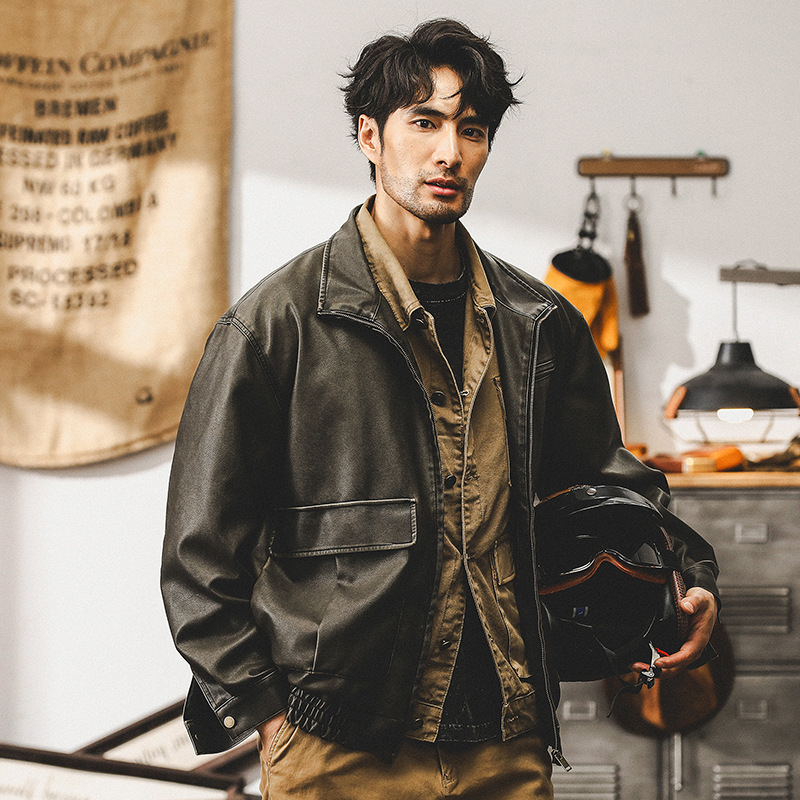 美式復古機車軟皮衣外套男秋季潮牌寬鬆硬漢痞帥男士休閒工裝夾克