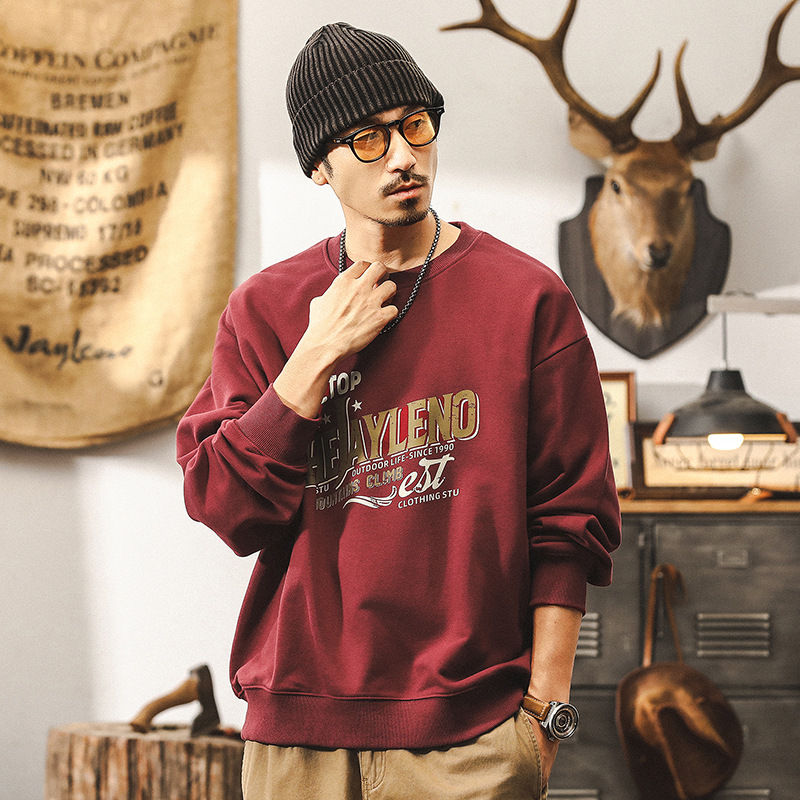 杰雷諾美式復古紅色重磅衛衣男2024新款潮流印花男士秋季寬鬆上衣