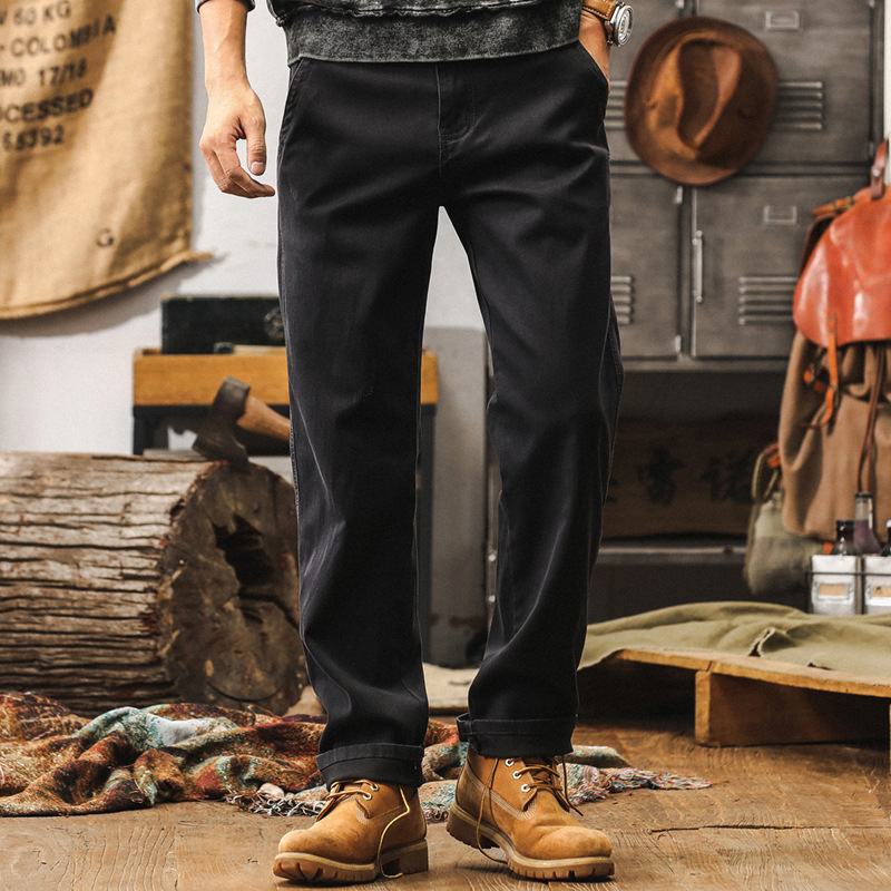 美式重磅雙股紗休閒褲男秋季寬鬆直筒復古褲子男石磨水洗牛仔長褲