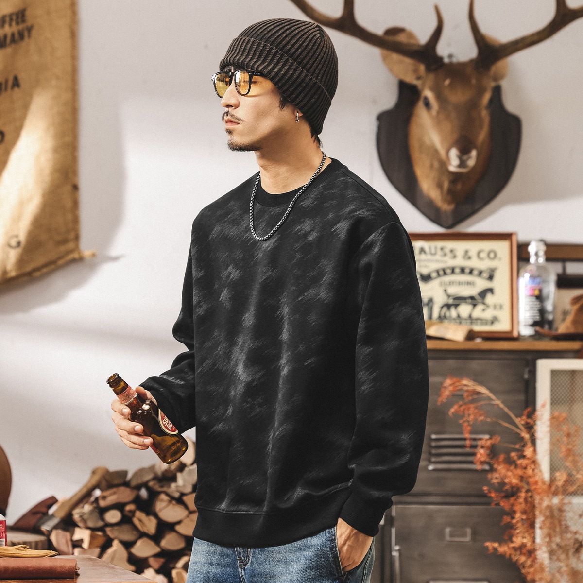 美式復古刷染重磅衛衣男春秋潮牌2025新款潮流長袖t恤男寬鬆上衣