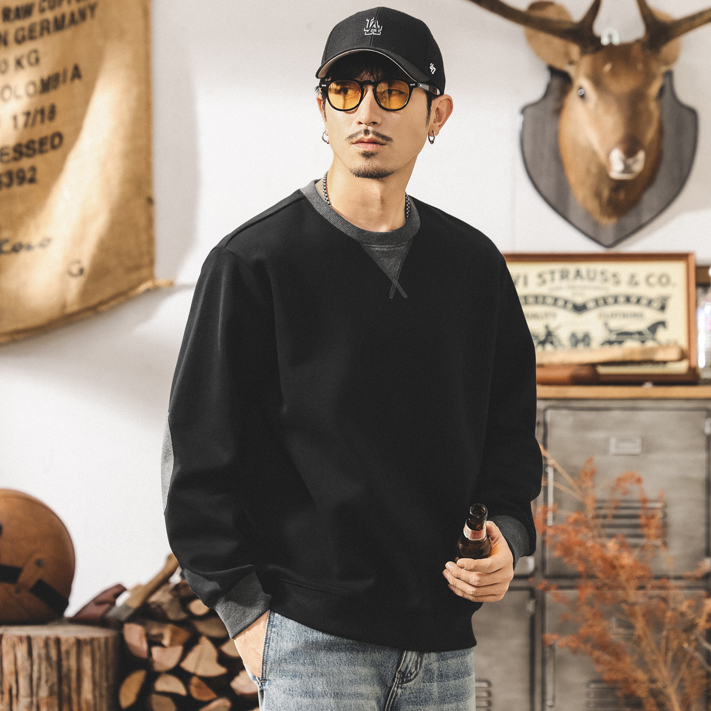 美式復古重磅圓領衛衣男春秋新款撞色假兩件潮牌寬鬆大碼休閒上衣