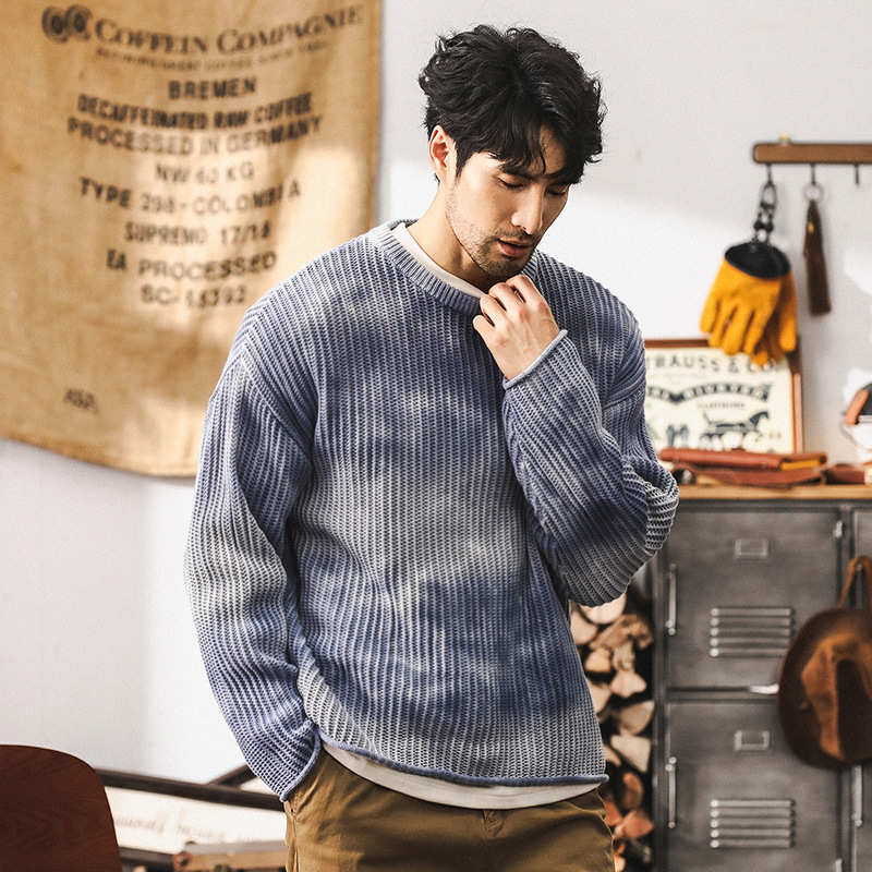 杰雷諾美式重磅復古毛衣男冬季加厚澆染漸變秋冬款男士粗線針織衫