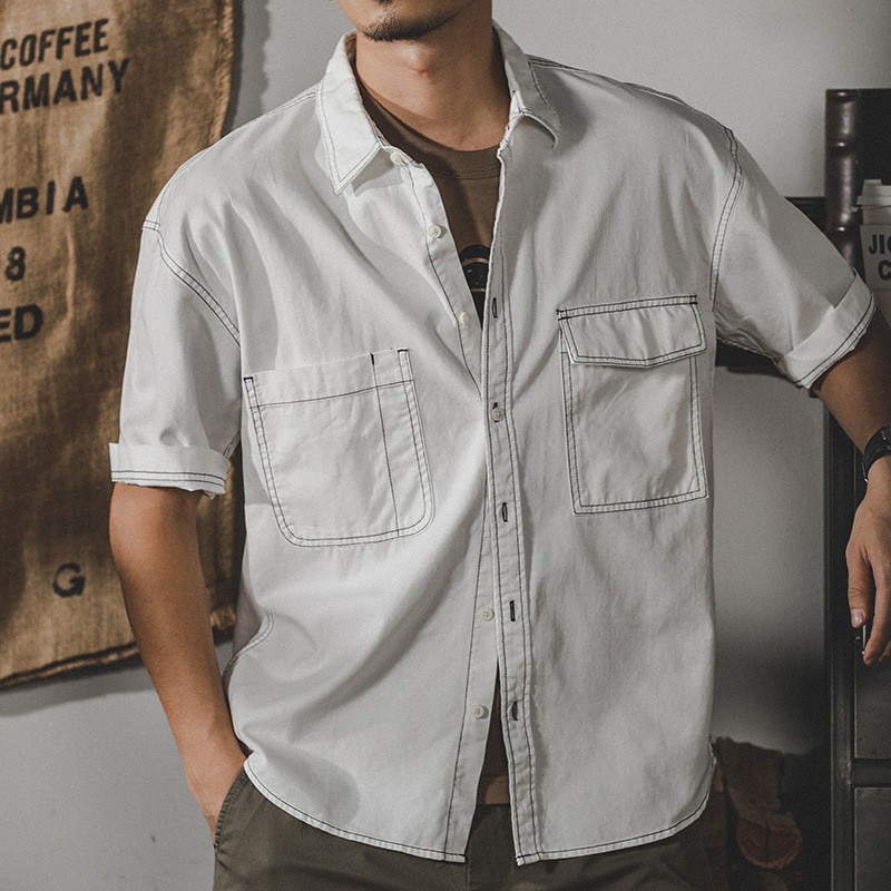 杰雷諾美式復古水洗工裝襯衫男半袖夏季新款寸衫短袖襯衣男款