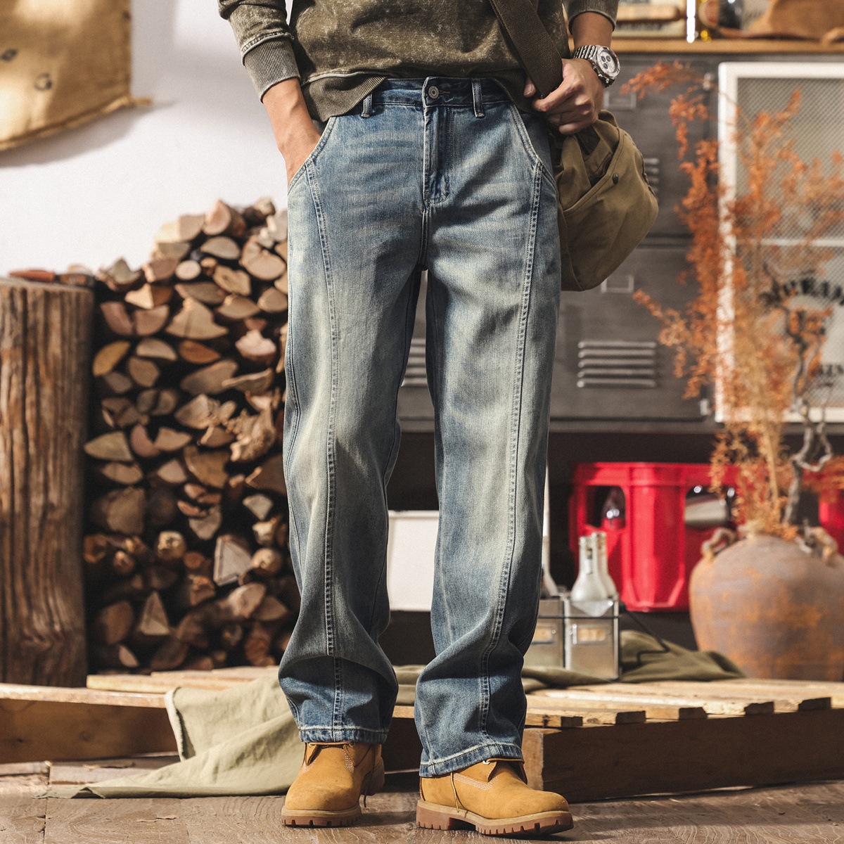 美式復古牛仔褲男直筒2025新款潮牌拼接寬鬆春秋水洗男士休閒長褲