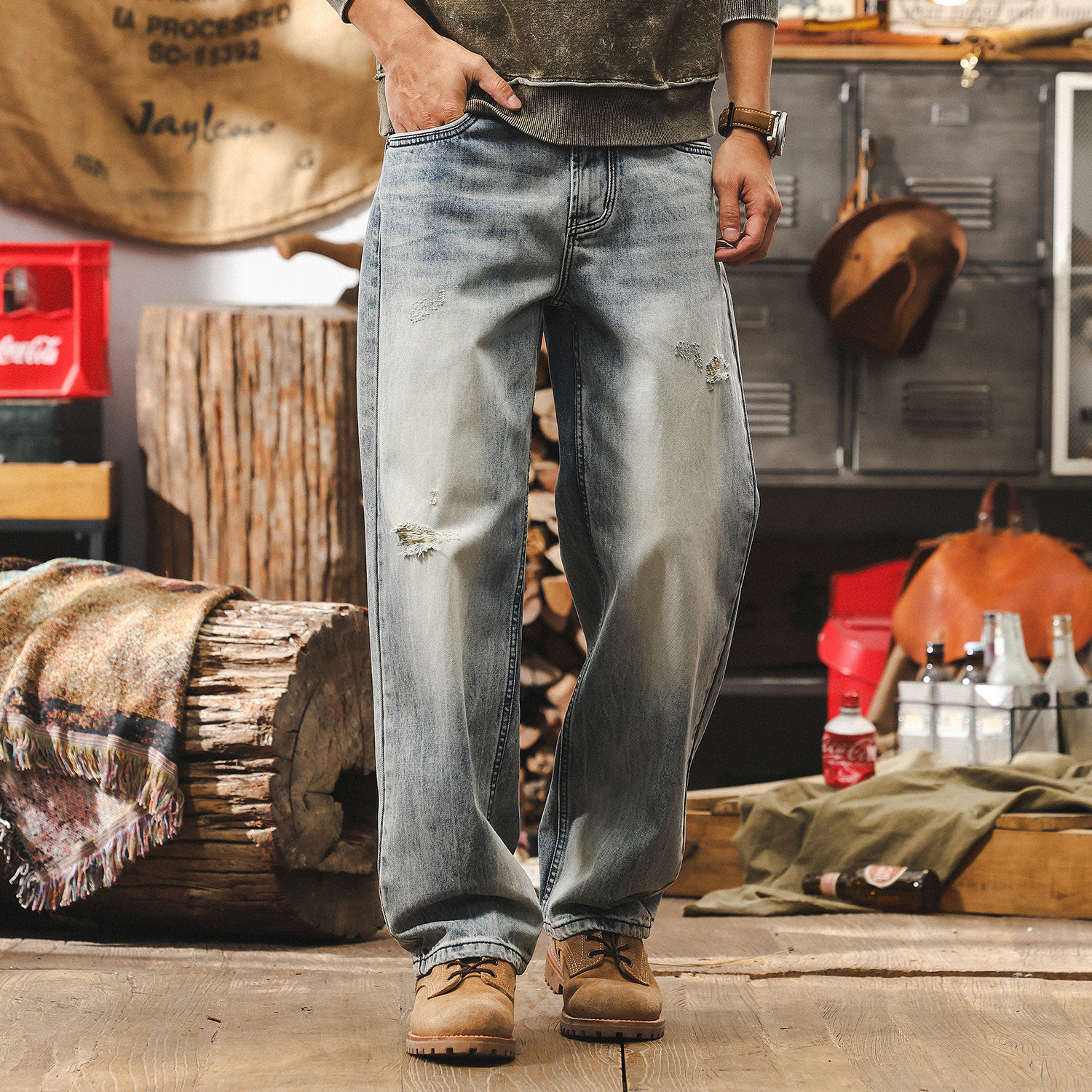 美式復古淺藍色牛仔褲男款春夏寬鬆直筒潮牌男士褲子破洞休閒長褲